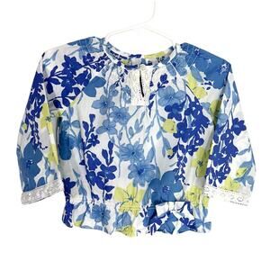 Janie and Jack Floral Long Sleeve Cotton Lace Trim Top | Blue White | SZ 12-18M